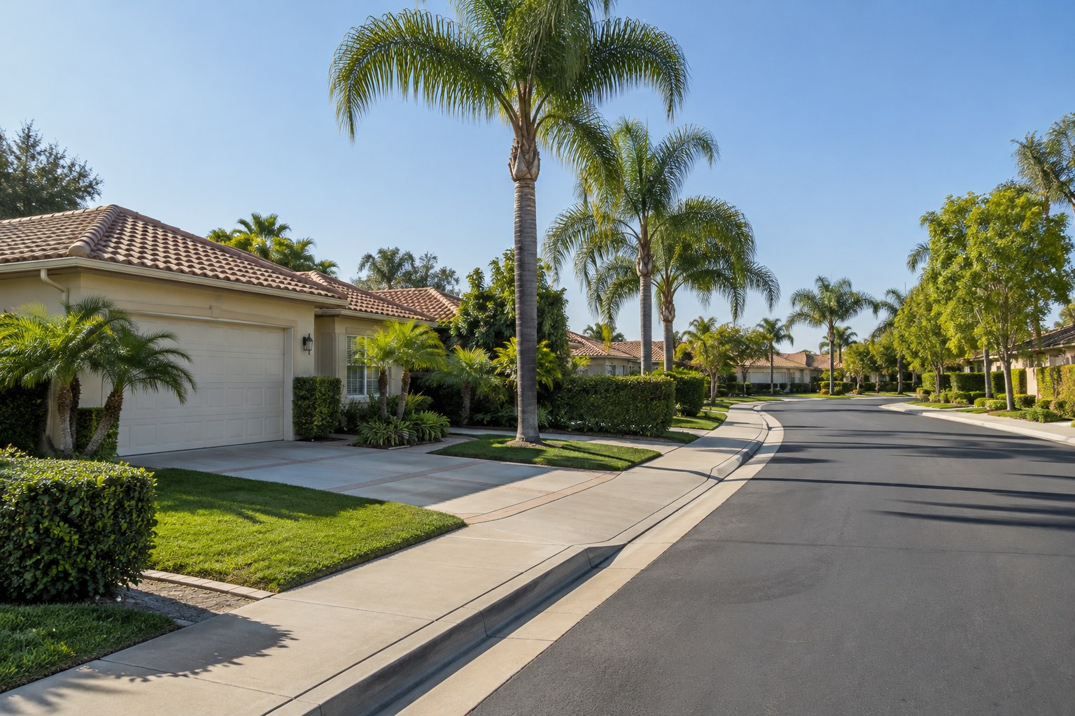 A residential street in Newport Beach at sunset, illustrative