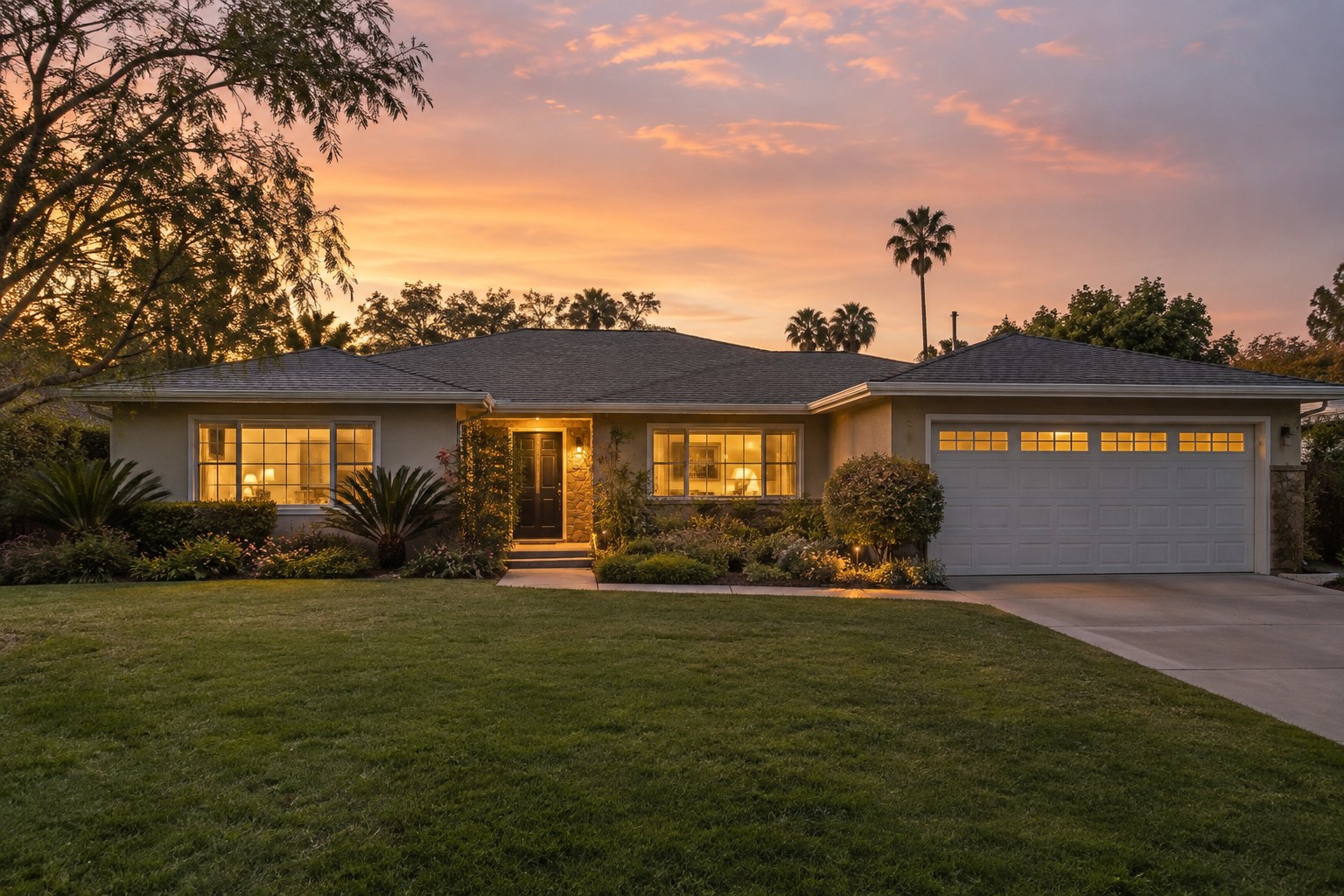 A Newport Beach and coastal Orange County home at dusk, illustrative